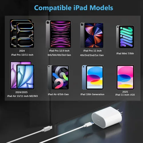 Miniatura 5 de Cargador rápido USB C de 20 W para Apple iPad Pro de 13/12.9/11 pulgadas, iPad A16/10ª generación, iPad Air de 11/13 pulgadas/5ª/4ª, iPad mini 6/7