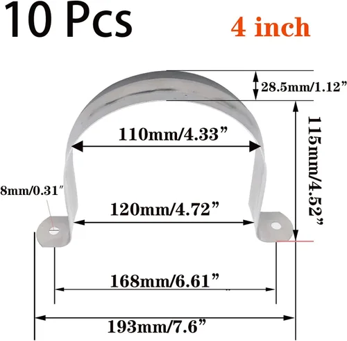 Miniatura 2 de 10 piezas de correa de tubo rígida de 4 pulgadas, correa de acero inoxidable de dos agujeros con soporte en U, juego de kit de variedad de clip