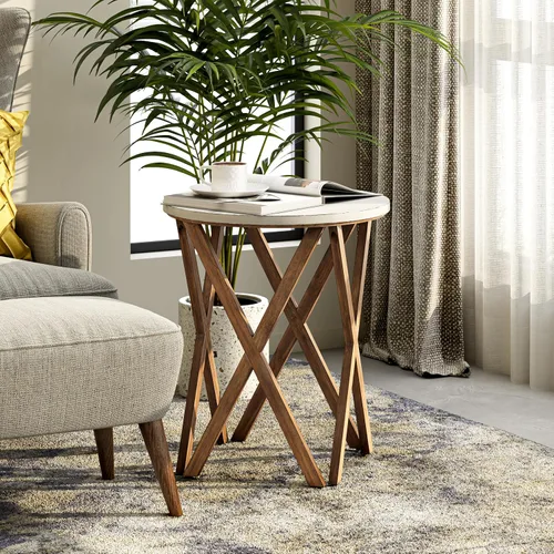 Miniatura 4 de COZAYH Mesa auxiliar con pedestal de granja, parte superior blanca envejecida con base de 4 patas para casa de campo moderna, decoración bohemia
