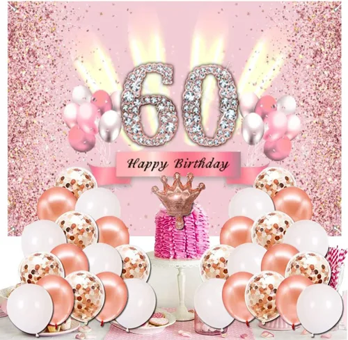 Miniatura 3 de Decoraciones de cumpleaños número 60 para mujer, cartel de fondo de feliz cumpleaños, cartel de tela para fiesta de aniversario de 60 años, póster