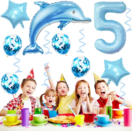 Miniatura 3 de Globos de cumpleaños de 5º delfín, globo gigante de papel de aluminio de delfín número 5, globos de Mylar de animales del océano para suministros