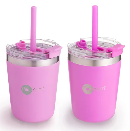 PopYum - Vasos de acero inoxidable para niños, 9 onzas, morado, rosa, paquete de 2 | Aislado, aspiradora de doble pared, tapa y pajilla, apilable, a
