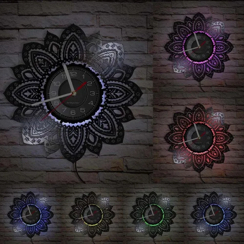 Miniatura 11 de Reloj de pared de disco de vinilo con forma de loto de mandala de 12 pulgadas, diseño moderno de flor, silencioso, de cuarzo, sin tictac, reloj