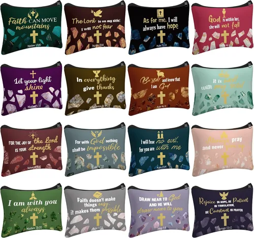 Miniatura 10 de Pinkunn - 16 bolsas de maquillaje de lona, regalos a granel para mujeres, bolsa de cosméticos inspiradores cristianos religiosos con cremallera