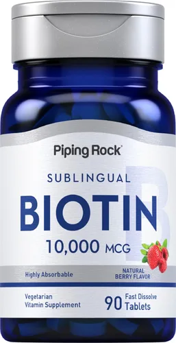 Piping Rock Biotin - Tabletas de disolución rápida de 10000 mcg | 90 unidades | Píldoras sublinguales con sabor a bayas | Máxima fuerza y alta