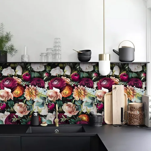 Miniatura 4 de HAOKHOME Papel tapiz floral para despegar y pegar, diseño de rosas y margaritas, removible, negro/rosa/morado, mural salvaje adhesivo, 17.7 pulgadas