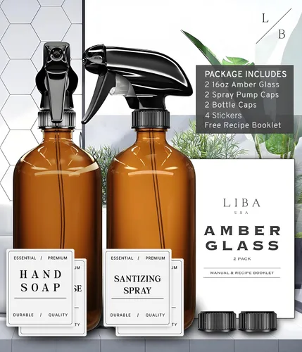 Miniatura 9 de LiBa Paquete de 2 botellas de vidrio ámbar, botella de spray vacía recargable de 16 onzas para limpieza, aceites esenciales, cabello, plantas