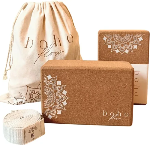 Juego de bloques de yoga de corcho, paquete de 2 con correa y bolsa de lona, bloques de yoga portugueses de lujo de 9 x 6 x 3 pulgadas, soporte