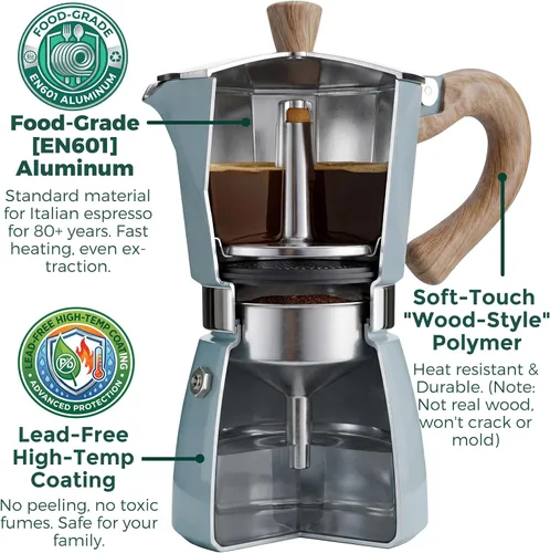 Miniatura 2 de AGOGO Milano Moka - Máquina de café expreso con 100 filtros de papel para café sin sedimentos, greca italiana clásica con mango de grano de madera