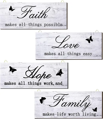 Jetec 4 carteles de pared de madera con texto en inglés «Faith Love Hope», placas rústicas de granja blancas con citas inspiradoras, decoración de
