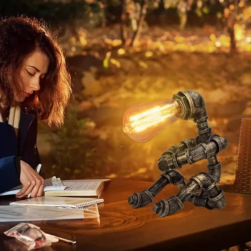Miniatura 3 de Lámpara de mesa Steampunk, lámpara de mesa de robot industrial vintage, lámpara de mesa de tubería de agua, luz de escritorio estilo robot