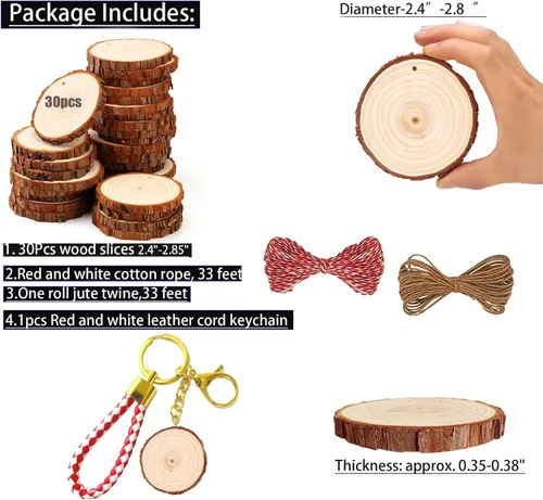 Miniatura 3 de SENMUT Rebanadas de madera sin terminar 30 piezas 2.4"-2.85" Círculos de madera para manualidades Preperforados Rondas de madera natural Discos