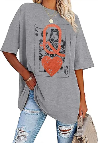 Camiseta de gran tamaño con estampado de letras de la reina de corazones, estilo vintage, de manga corta, ajuste holgado