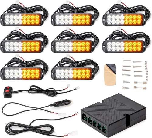 Miniatura 8 de Kit de Luces Estroboscópicas LED Ámbar Blanco - 8PCS 16-LED Luz de Advertencia de Peligro Intermitente de Emergencia 12V Función de Sincronización