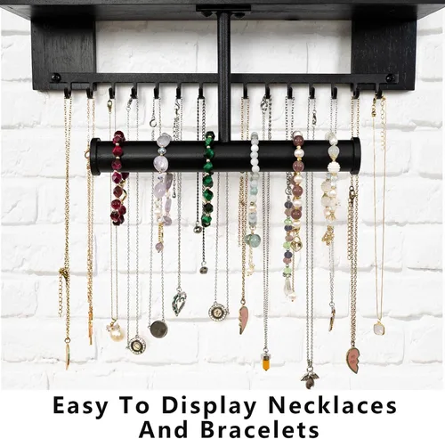 Miniatura 4 de Pinzoveco Organizador de joyas colgante montado en la pared con soporte organizador de joyas de pared para collares, pulsera, aretes, anillo (negro)