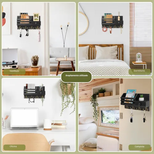 Miniatura 6 de Soporte para llaves de pared, organizador de correo adhesivo de madera y llaves con cajón, estante pequeño, 8 ganchos, 2 métodos de instalación