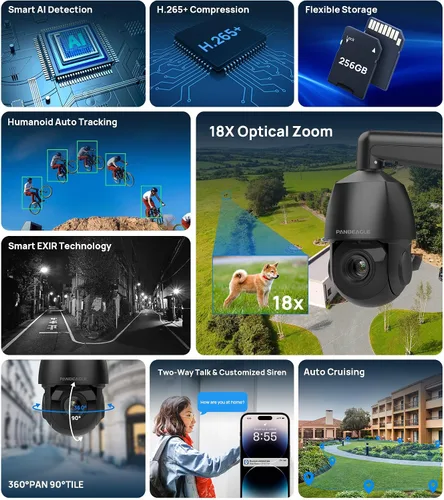 Miniatura 3 de PANOEAGLE Cámara IP PTZ PoE de 4K 8MP para exteriores con zoom óptico de inclinación panorámica 18X, detección humana/vehículo, conversación