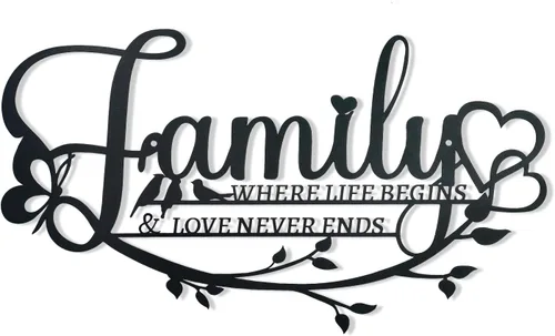 Letrero Familiar de Metal Negro para Pared, Oppro Letrero Familiar "Where Life Begins Love Never Ends" de Hierro Forjado, Decoración de Pared con