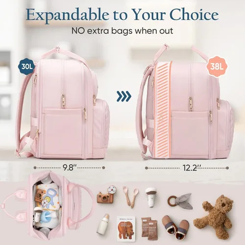 Miniatura 3 de Qualyphant Mochila de pañales extra grande – Bolsa de pañales para 2 niños gemelos (expandible 30L-38L) – Bonita mochila de viaje para bebé con Rosa