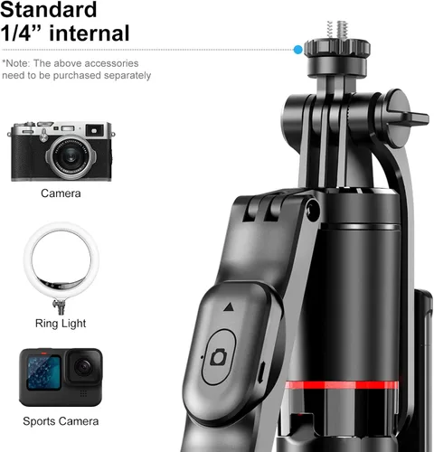 Miniatura 2 de Trípode con palo selfie de 67 pulgadas para iPhone con control remoto, soporte para teléfono y tornillo de 1/4 de pulgada, trípode extensible