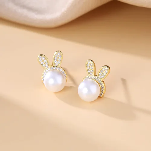 Miniatura 4 de SLUYNZ Aretes de plata de ley con diseño de conejo para mujer, con perlas de circonita cúbica, aretes de conejo, aretes de Pascua