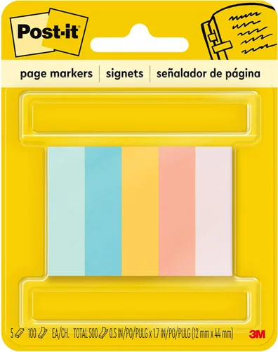 Post-it Marcadores de página, 1/2 pulgadas x 1-3/4 pulgadas, colores brillantes surtidos, 100 hojas/bloc, 5 blocs por paquete (670-5AF2)