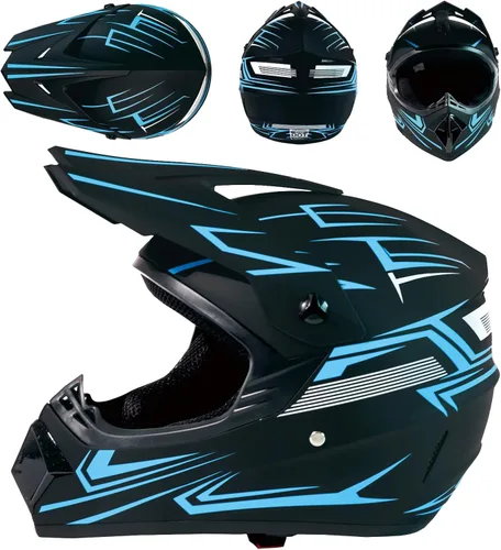 Miniatura 2 de Casco de motocross ATV motocicleta de cara completa todoterreno E Bike casco DOT con gafas y guantes máscara de rayas azules M (22.0-22.4 in)