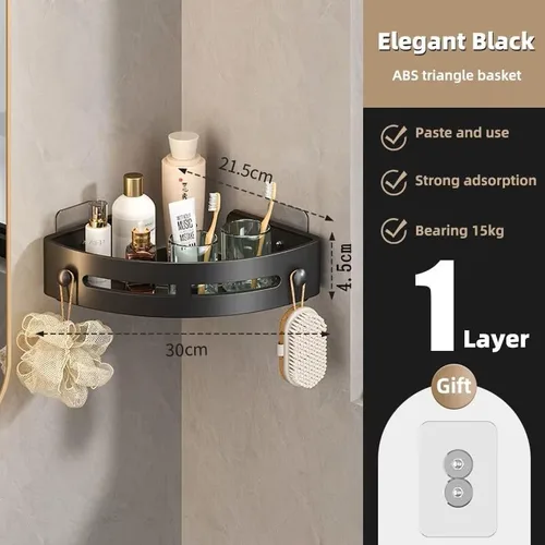 Miniatura 4 de Organizador de ducha esquinero, estante de almacenamiento de baño negro montado en la pared, estante organizador de plástico con agujeros