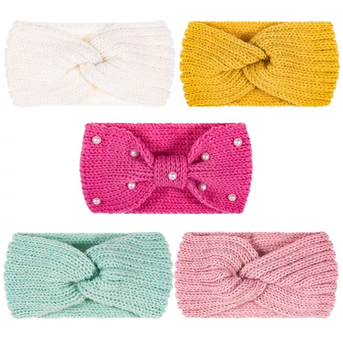 Miniatura 13 de Whaline - 5 diademas tejidas de invierno, diademas mullidas tejidas, 4 envolturas de turbante elásticas y 1 banda de pelo de ganchillo de perla