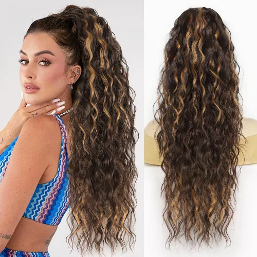 Miniatura 15 de Extensión de cola de caballo con cordón, extensión de cola de caballo larga y rizada para mujeres negras, extensiones de cabello negro de 26
