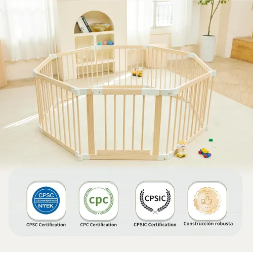 Miniatura 2 de Corralito para bebés, corralito para bebés y niños pequeños, patio de juegos plegable de madera con puerta, centro de actividades ajustable