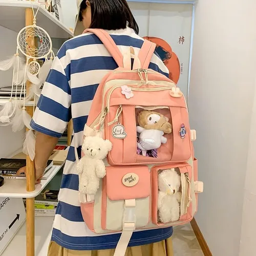 Miniatura 4 de Mochila de viaje para mujer, 5 unidades, diseño de oso con diseño de dibujos animados, alfileres de alta capacidad, ligero, kawaii, preppy, mochila