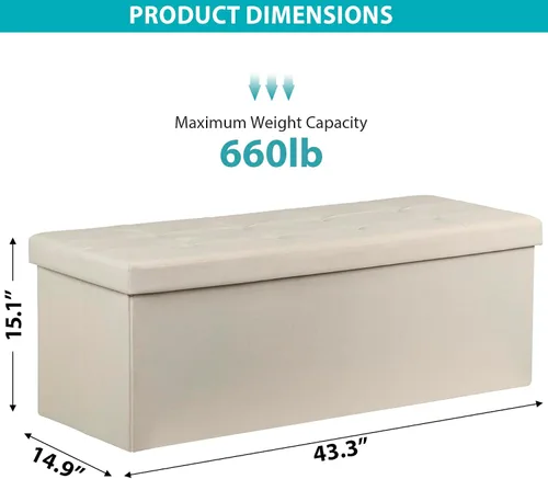 Miniatura 3 de ZenStyle Banco otomano de almacenamiento de 43 pulgadas, reposapiés plegable con asiento acolchado, baúl de almacenamiento largo para zapatos