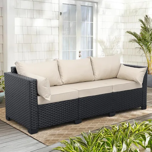 Miniatura 3 de Rattaner Muebles de patio, sofá de mimbre de 3 asientos, muebles de exterior, sofá de exterior, asiento profundo, respaldo alto, funda impermeable