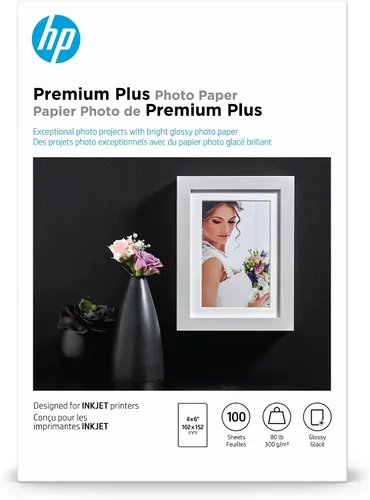 HP Premium Plus CR668A Papel fotográfico, brilloso, de 4 x 6 pulgadas. Paquete de 100 hojas.