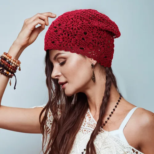 Miniatura 5 de 4 gorros de ganchillo holgados de punto hecho a mano para otoño, diseño floral, gorro de algodón con corte de calavera, sombreros de verano