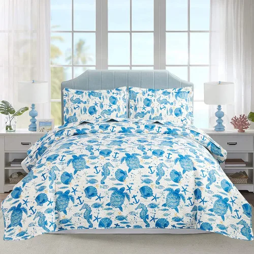 Miniatura 9 de Hailea Edredón oceánico tamaño matrimonial/queen, ropa de cama costera ligera para verano, playa, colcha náutica, conchas de mar azul, sábana con 2