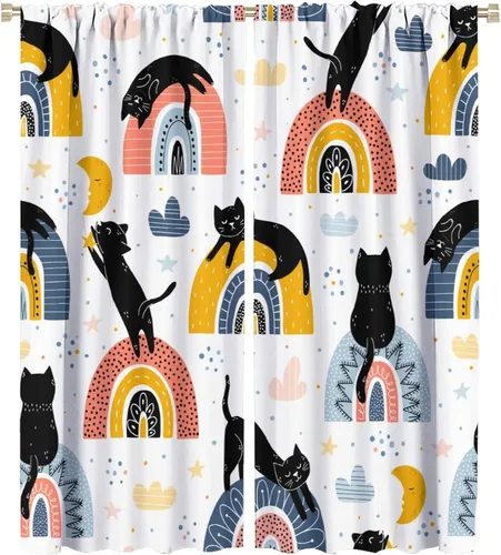 Miniatura 10 de Cortinas de estilo de mediados de siglo, diseño geométrico abstracto moderno, diseño retro, estampado de gato negro, para dormitorio, sala de estar