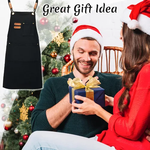 Miniatura 7 de Delantales de lona, delantales de chef de cocina, delantales de trabajo para hombres y mujeres, delantales con correa ajustable con 3 bolsillos