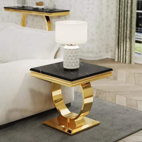 Miniatura 9 de Asday Mesa auxiliar dorada, moderna mesa auxiliar negra para sala de estar con base en U de metal dorado, mesa auxiliar cuadrada para sofá, sala