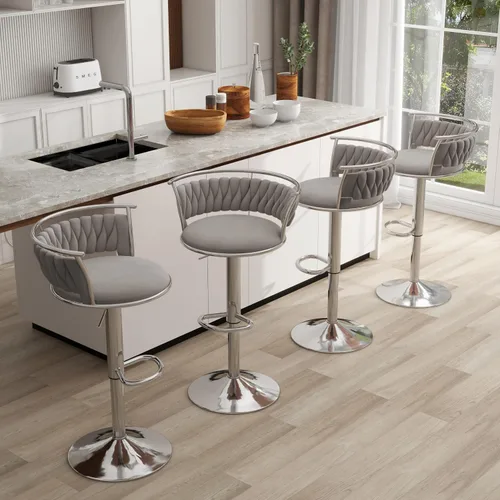 Miniatura 39 de Juego de 2 taburetes de bar giratorios de 360°, silla de bar de terciopelo ajustable a altura de mostrador moderna, taburete de metal plateado