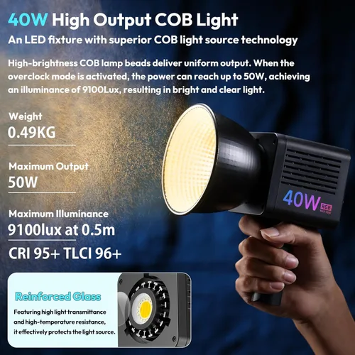 Miniatura 2 de ULANZI Luz de Video LED RGB Portátil de 40W Pro con Adaptador de Corriente DC, Batería Incorporada de 3400mAh, Mini Luz Continua COB de Metal