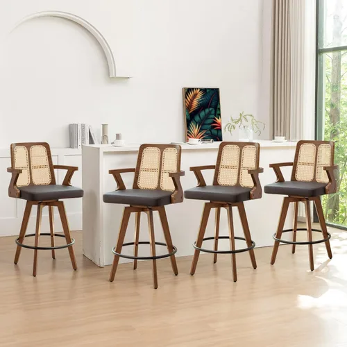 Miniatura 9 de Juego de 2 Taburetes de Mostrador - Taburetes Giratorios de 27 Pulgadas con Respaldo de Ratán, Brazos Curvos, Asiento Tapizado, Patas de Bambú Nogal