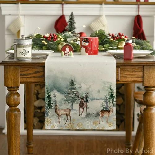 Miniatura 7 de Artoid Mode Camino de mesa de Navidad con copos de nieve en acuarela, ciervos, árboles, copos de nieve, Navidad, vacaciones, cocina, decoración