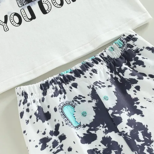Miniatura 82 de fhutpw Conjunto de camiseta de manga corta con estampado de vaca y pantalones acampanados de dibujos animados para niñas