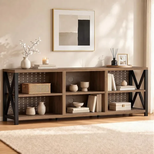 LVB Centro de Entretenimiento Rústico para TV de 65 Pulgadas, Soporte de TV Industrial de Madera y Metal con Estante de Almacenamiento, Consola