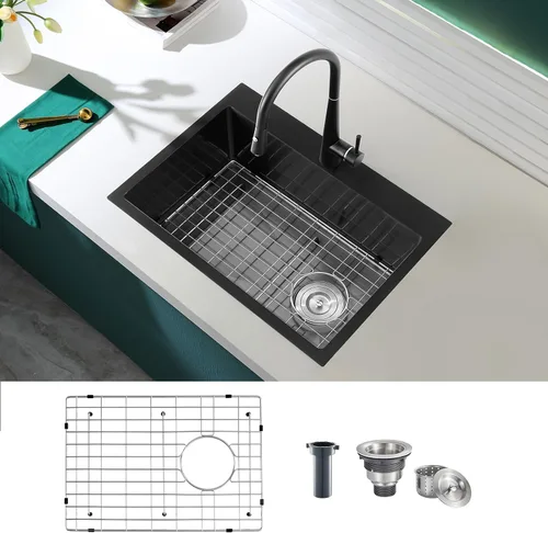 Miniatura 25 de Fregadero de barra empotrable de 13 × 15 pulgadas negro - Fregadero de cocina pequeño de montaje superior de un solo cuenco, hecho a mano de acero