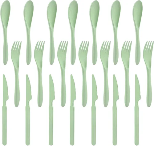 Miniatura 10 de Juego de cubiertos de paja de trigo de 21 piezas, utensilios reutilizables para 7, utensilios irrompibles y ligeros para fiestas, viajes, trabajo