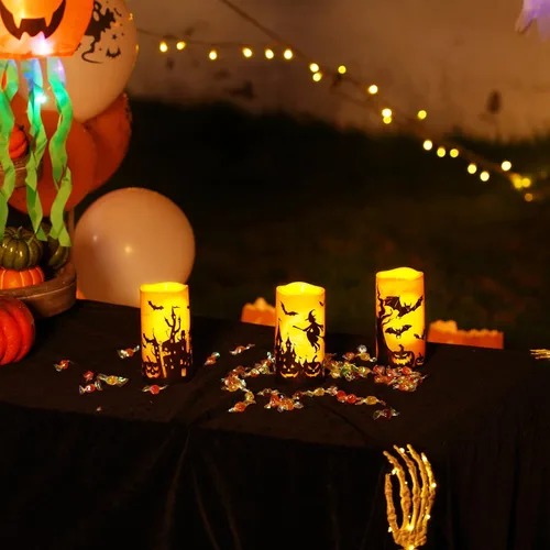 Miniatura 5 de Homemory Velas de Halloween, velas sin llama naranjas, velas led de pilas impermeables para exteriores con calabazas impresas, con mando a distancia