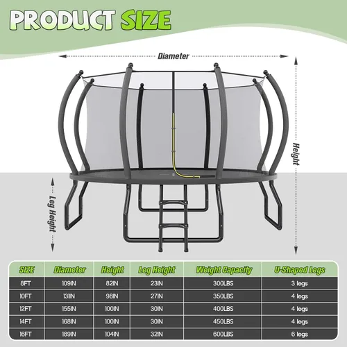 Miniatura 2 de YUMPIE - Trampolín de 8 pies, 10 pies, 12 pies, 14 pies, 15 pies, 16 pies, para exteriores, con red de seguridad y escalera, trampolines recreativos